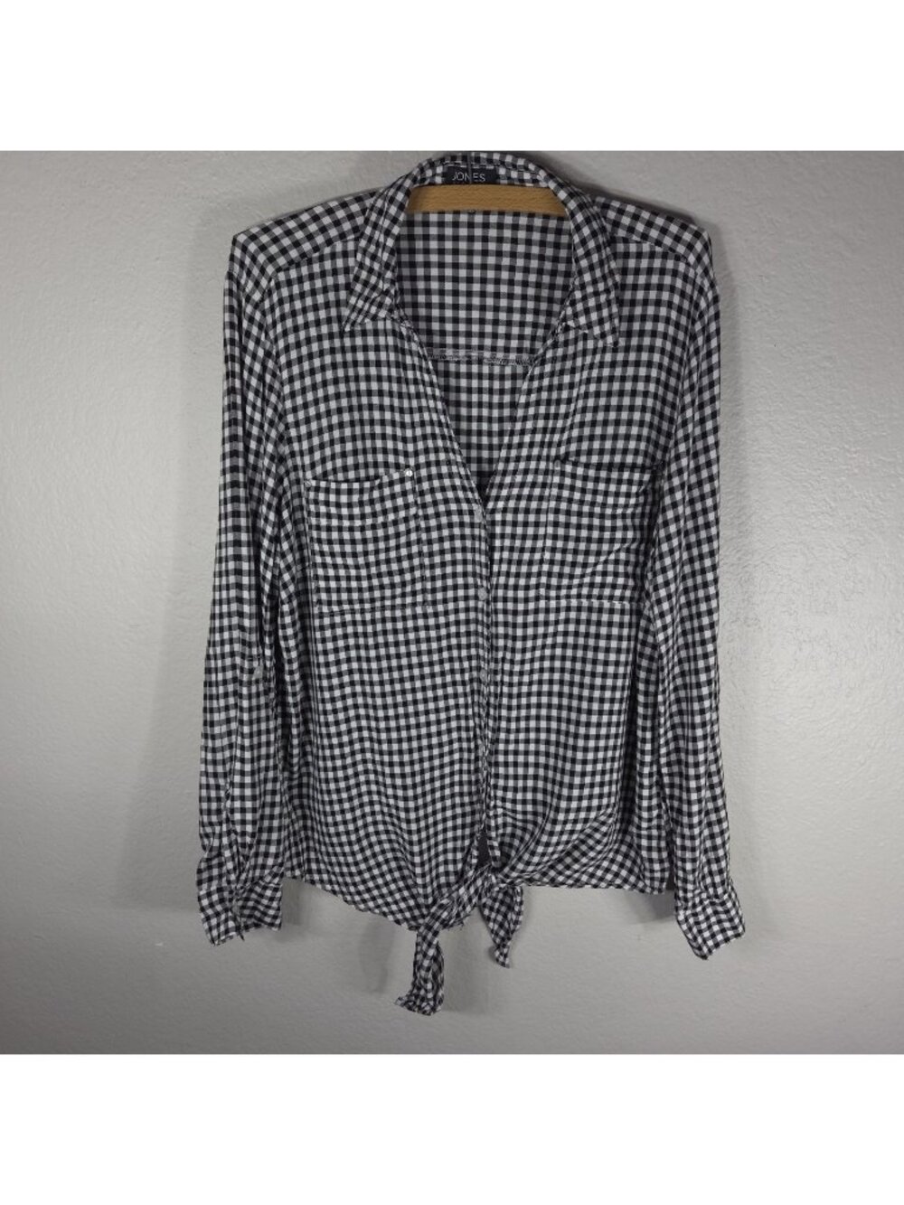 Jones New York XL Black White Gingham Button Front Shirt Top Tie Front Viscose